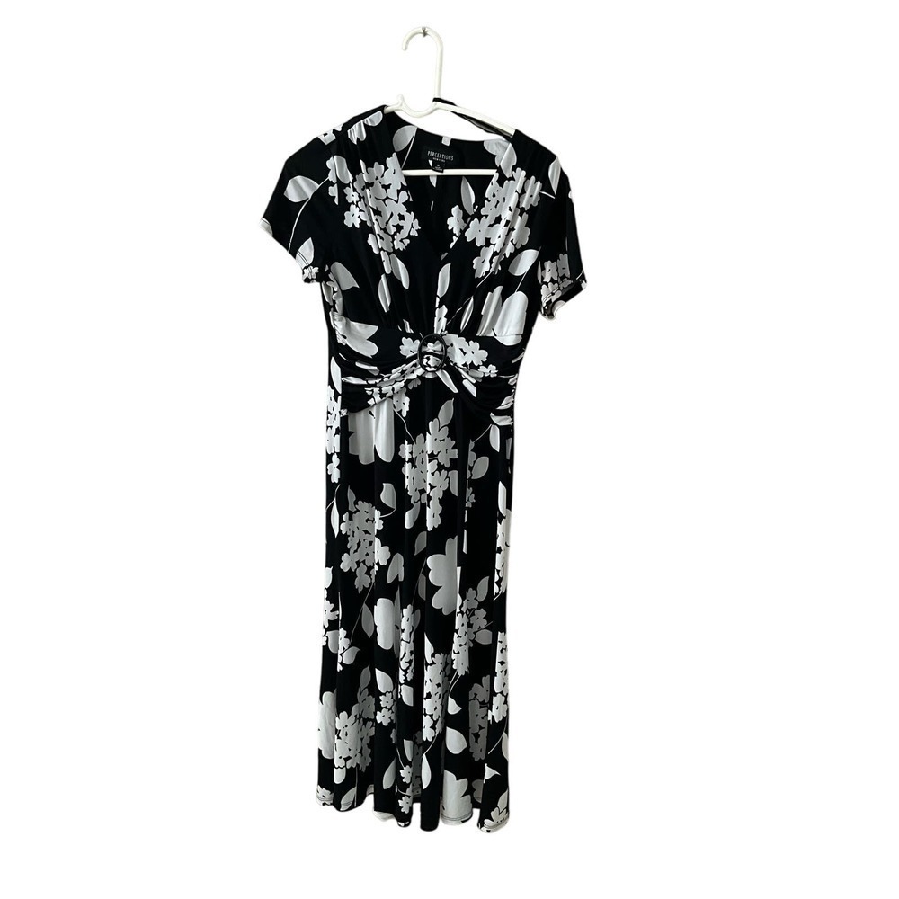 Perceptions New York Midi Dress Women 10 Black Floral Short Sleeve Belted V-Neck